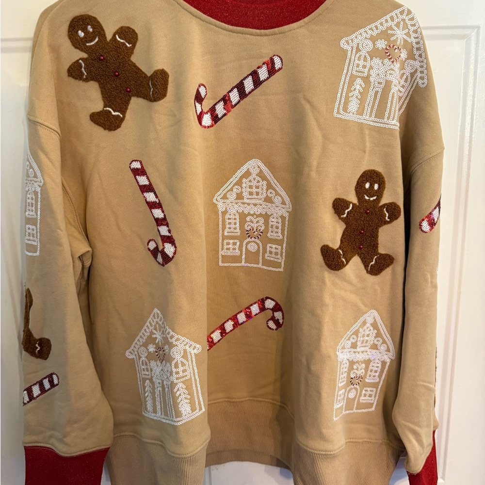 Festive Tan Sweatshirt with Gingerbread and Candy Cane Design